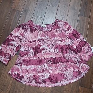 Stem & Vine Pink & White Paisley Print V-neck Blouse with Lace Detail Size 3X